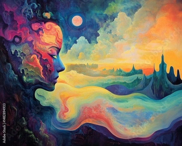 Fototapeta Enigmatic Portrait of a Woman with Surreal Landscape and Vibrant Colors