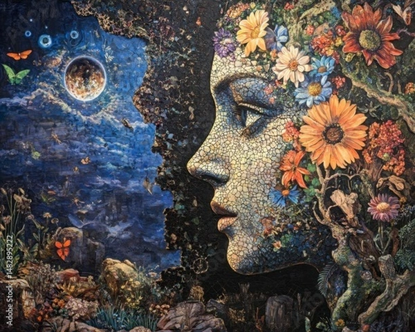 Fototapeta Nature's Harmony: A Woman's Profile Adorned with Flowers and Butterflies