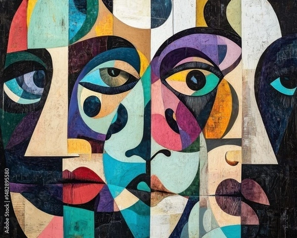 Fototapeta Abstract Faces in Colorful Geometric Shapes and Lines Artwork