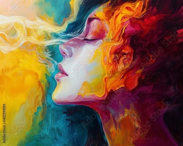 Fototapeta Colorful Abstract Portrait of Woman with Smoke and Vibrant Background