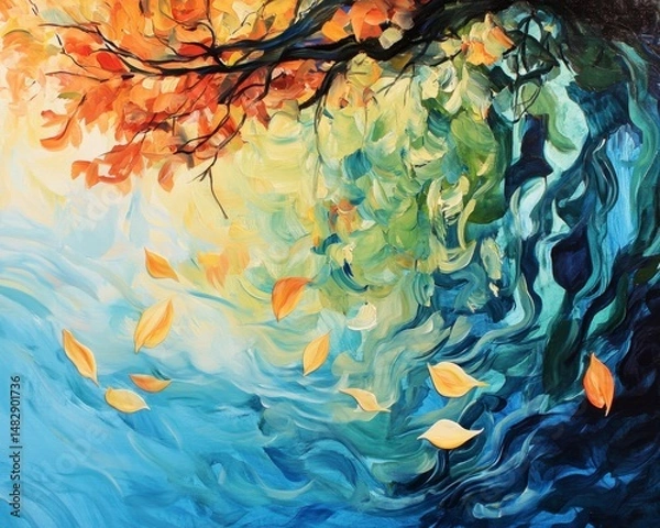 Fototapeta Vibrant Autumn Leaves Reflecting in Calm Blue Water Surface