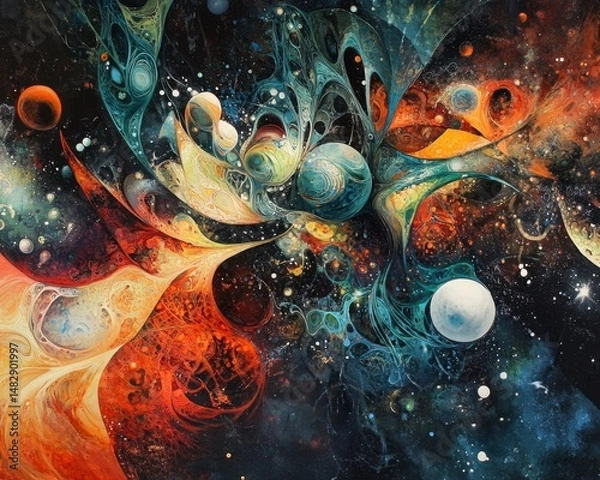 Fototapeta Vibrant Cosmic Abstract Art with Colorful Galactic Swirls and Planets