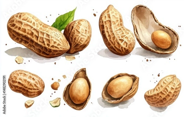 Obraz Watercolor Peanuts Detailed Illustration of Shelled and Unshelled Nuts