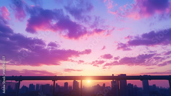Obraz Vibrant sunset over city skyline with silhouetted buildings and colorful clouds creating peaceful and inspiring urban atmosphere