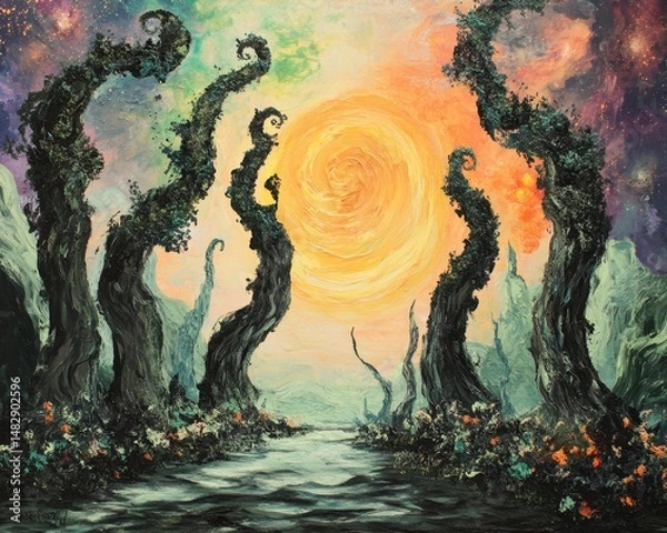 Fototapeta Enchanted Forest with Twisting Trees and Glowing Sun
