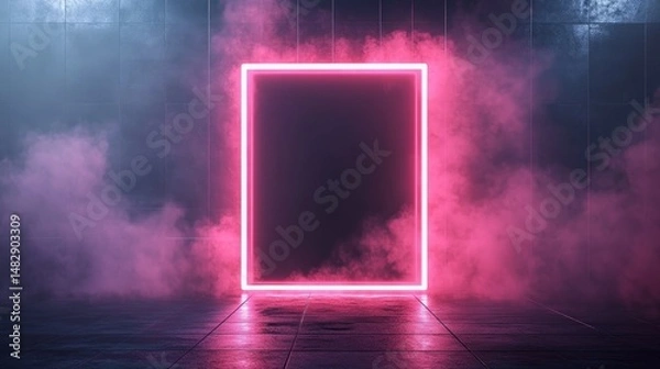 Fototapeta Super realistic modern nightclub flyer background, matte black tile wall and floor, central neon pink glowing frame, soft red neon light reflection, clean geometric design, suitable for text coverage