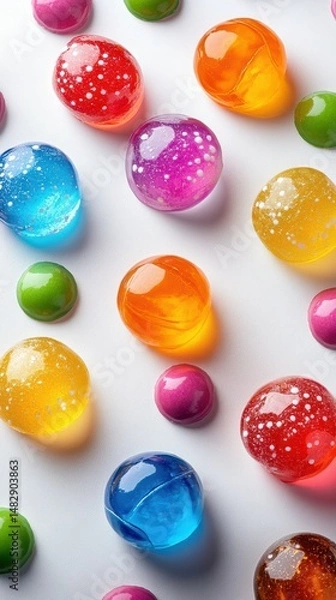 Obraz Colorful gelatin candies arranged on a white surface with a mix of vibrant shapes and sizes during a bright setting
