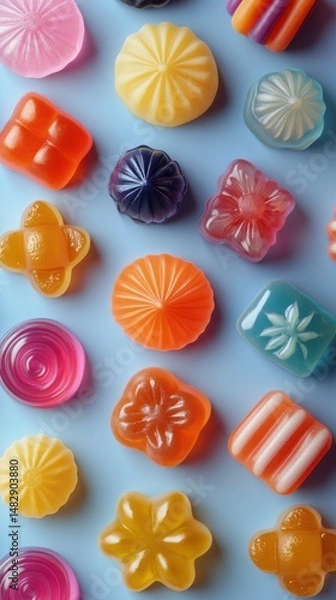 Obraz Colorful assortment of gummy candies displayed on a blue background showcasing various shapes and textures