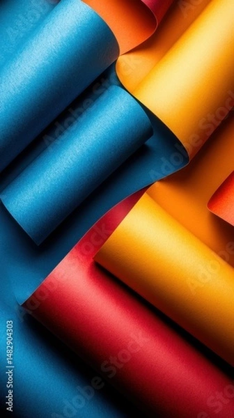 Obraz Colorful sheets of paper arranged in a vibrant display showcasing a gradient of blue, red, orange, and yellow hues