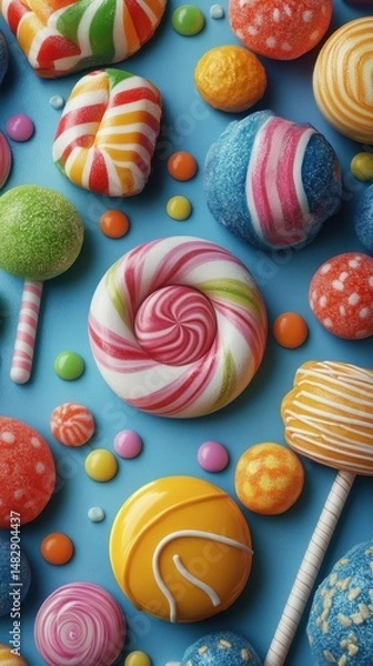 Obraz Colorful assortment of candies displayed on a bright blue background ideal for a festive celebration or dessert table