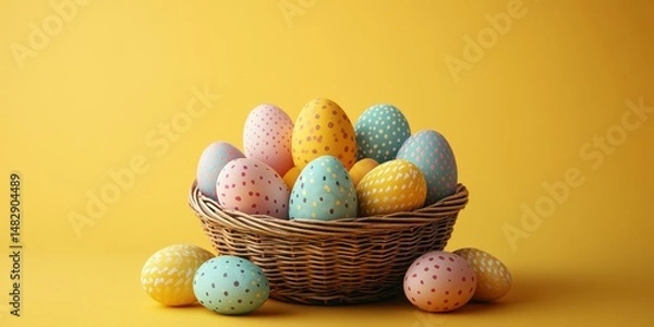 Obraz Colorful Easter eggs arranged in a woven basket against a bright yellow background