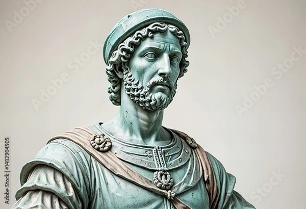Fototapeta Statue of a Renaissance explorer, isolated on a white background.