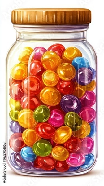 Fototapeta Colorful candy jar filled with assorted shiny sweets in a clear container on a neutral background