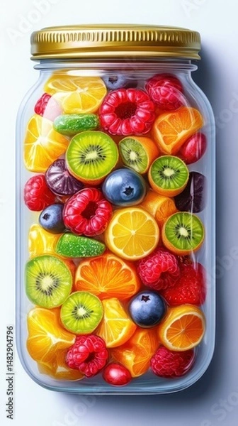 Obraz Colorful fruit jar filled with assorted berries, citrus, and tropical fruits for healthy snacking