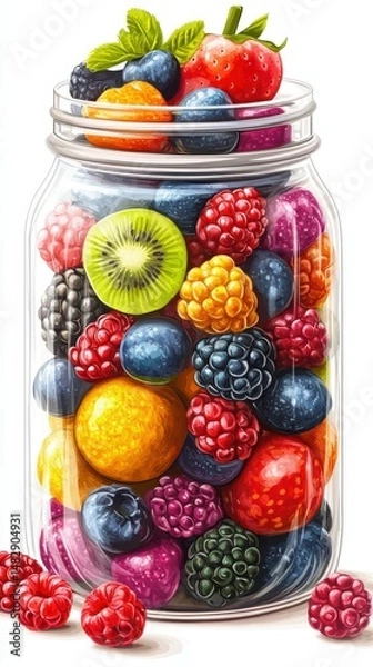 Obraz Brightly colored fruits arranged in a large glass jar on a white background showcasing summer’s bounty