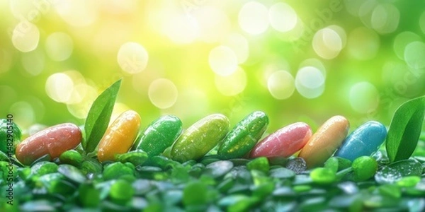 Obraz Colorful candy coated treats arranged on vibrant green leaves during a bright, sunny day in a garden setting