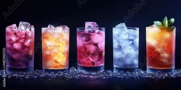 Obraz Colorful cocktails arranged on a dark surface with ice and mint garnish at a lively bar