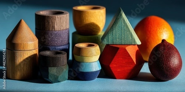 Obraz Colorful wooden shapes and fruits arranged on a blue surface during late afternoon light