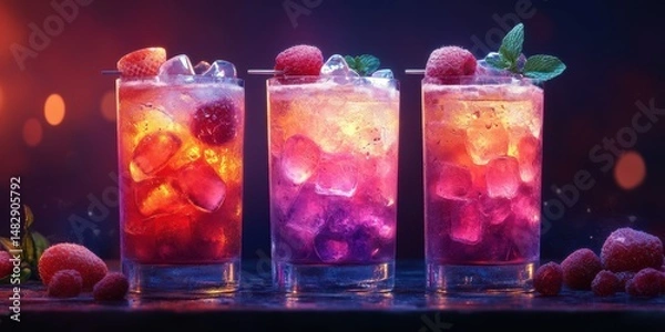 Obraz Colorful cocktails served in glasses with ice and fruits at a vibrant evening gathering
