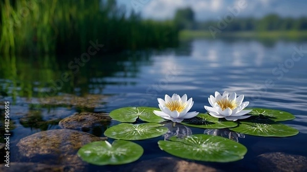 Fototapeta Two white water lilies on calm water with rocks and greenery