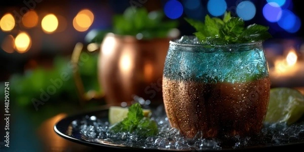 Obraz Refreshing cocktail served in a copper mug with mint, lime, and ice at a lively bar during an evening gathering