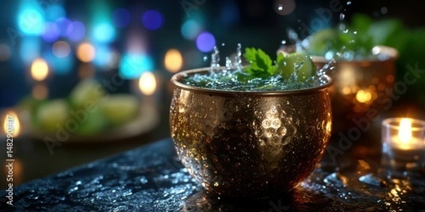 Obraz Refreshing drinks with citrus and mint splash on a summer evening at an outdoor gathering