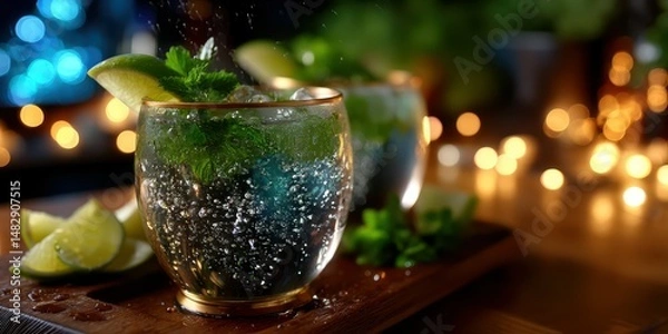 Obraz Refreshing minty drinks with lime garnishes served on a wooden board at an evening gathering
