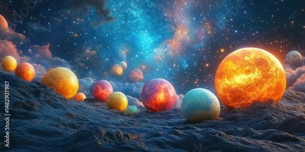 Obraz Colorful celestial bodies float in a vibrant cosmic landscape with dramatic clouds and stars