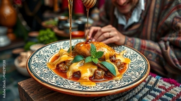Fototapeta Moroccan msemen with honey served on a ceramic plate by a Marrakech vendor
