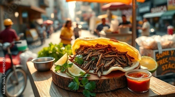 Fototapeta Venezuelan arepa with shredded beef at a Caracas food cart