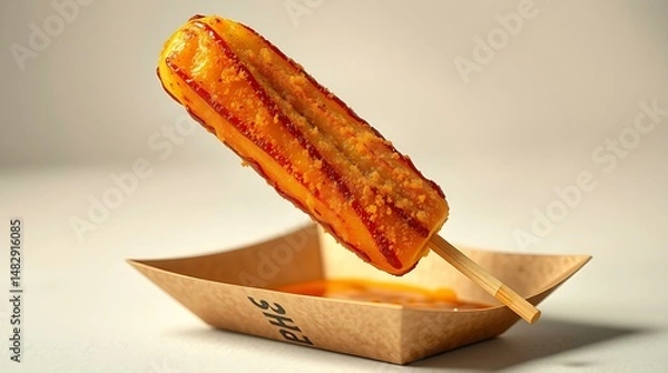 Fototapeta Filipino banana cue served on a wooden skewer in a small paper tray