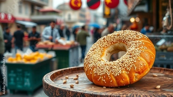 Fototapeta Turkish simit displayed on a wooden tray at an Istanbul street vendor