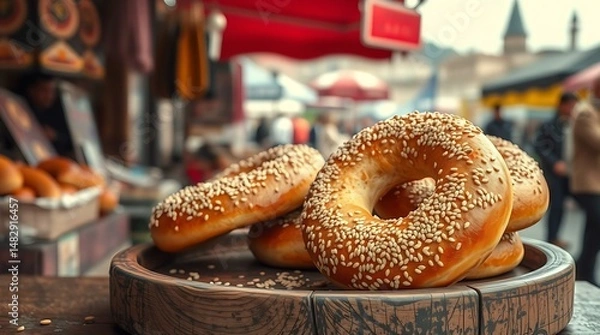 Fototapeta Turkish simit displayed on a wooden tray at an Istanbul street vendor