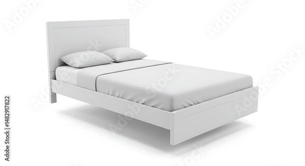 Obraz Bed Frame with White Bedding and Pillows Isolated on White