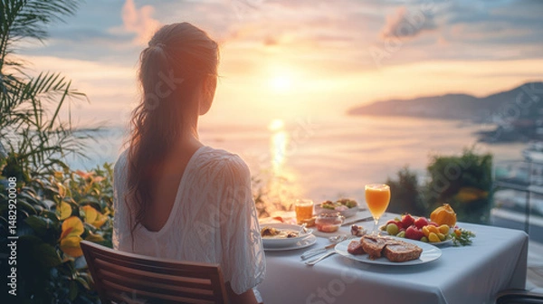 Obraz Woman enjoys breakfast with a stunning view from her terrace