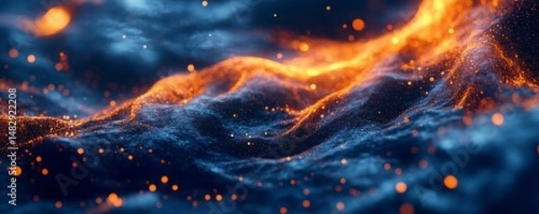 Fototapeta Abstract Colorful Waves with Glowing Particles in Dark Background