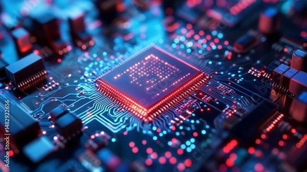 Fototapeta Close-Up Image of Colorful Microchip with Circuit Board Design