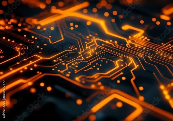 Fototapeta Futuristic Circuit Board Design with Glowing Orange Lines and Nodes