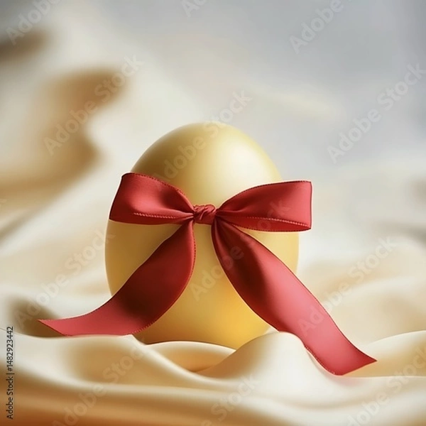 Fototapeta Red bow with egg on golden satin, Easter concept of elegant gift.