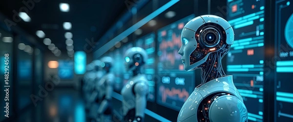 Fototapeta AI Autonomous Agents in a Modern Tech Hub: Dynamic Collaboration Enhancing Strategic Operations - Refined Digital Composition with Space for Text