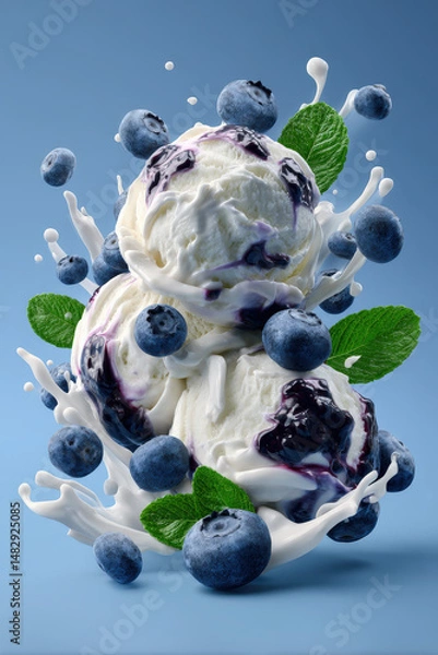Fototapeta Delicious swirl of creamy frozen yogurt mixed with blueberry jam, fresh blueberries, and mint leaves on a light background.
