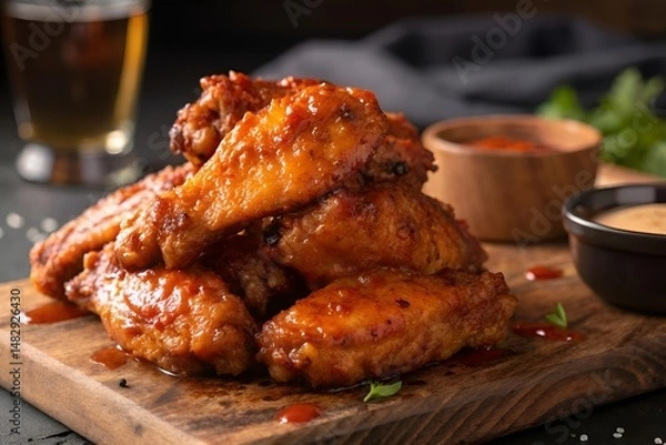 Obraz Hyperrealistic Crispy Chicken Wings with BBQ Glaze Close-Up