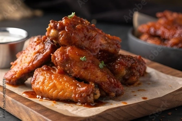 Obraz Hyperrealistic Crispy Chicken Wings with BBQ Glaze Close-Up