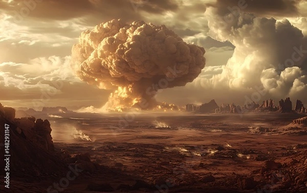 Fototapeta Enormous mushroom cloud rises over a desolate landscape, signaling devastation in golden, ethereal light