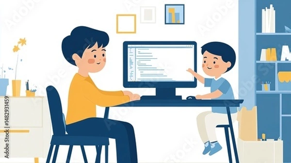 Fototapeta A parent and child work side by side at a desk with a computer, engaging in coding activities at home