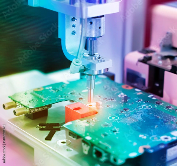 Obraz robot drill machine tool at pcb board industrial manufacture factory
