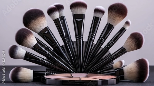 Fototapeta Elegant Arrangement of Makeup Brushes and Eyeshadow Palette Display