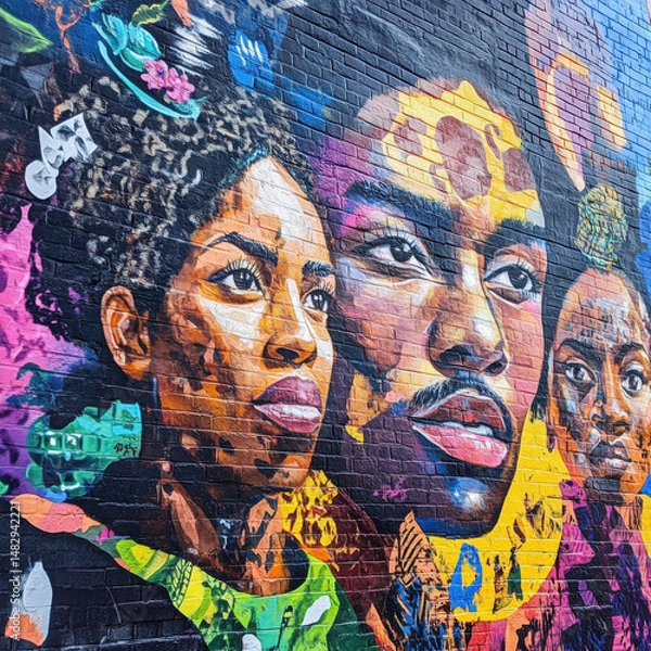 Obraz Juneteenth vibrant mural celebrates juneteenth with expressive faces and colorful patterns on brick wall symbolizing freedom and unity
