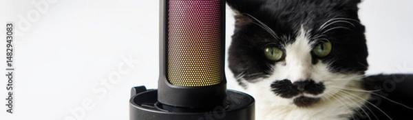 Fototapeta Tuxedo cat peeking from behind an LED-lit USB microphone. Ideal for podcast artwork, web banners, blog headers, audio-chat promotions, and voice-chat or streaming visuals. Photo, selective focus
