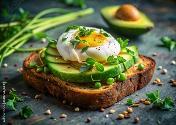 Obraz Delicious Avocado Toast with Poached Egg - Healthy Breakfast Food Photography